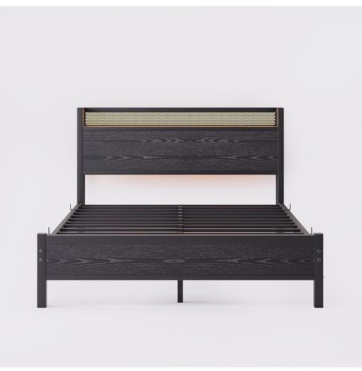 King Size Bed Frame with Storage,LED Lights,5ft Metal Bed Frame Kingsize Bed Frame with Charging Station,Mattress Foundation,Strong Steel Slats Support,Noise Free,Black