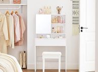 main image for ad Dressing Table with Mirror and One Drawer, Cosmetic Table, Adjustable Shelves, Modern, 70 x 40 x 136 cm, White