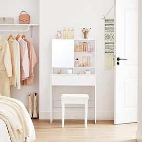 Dressing Table with Mirror and One Drawer, Cosmetic Table, Adjustable Shelves, Modern, 70 x 40 x 136 cm, White
