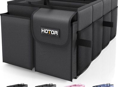 HOTOR Car Boot Oganiser - Large-Capacity Auto Trunk Organizer Collapsible Multi Compartments, Foldable Boot Storage for SUVs, Sturdy Car Accessories for Men Camping Tools, Black