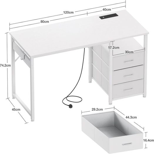 120cm Computer Desk with Drawers Office 2 Sockets USB Ports Reversible PC Table Storage Study for Home Bedroom White
