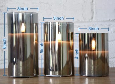 Silver Grey Glass Flameless Flickering Candles with Remote, 3 Pack Realistic LED Fake Candles 3 Inch H 4 Inch 5 Inch 6 Inch