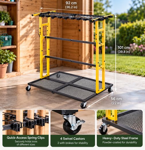 Heavy Duty Garden Tool Organiser with Wheels  Mobile Steel Storage Rack for Rakes, Shovels & Long Handled Tools