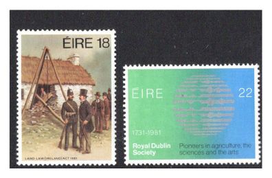 1981 Ireland Anniversaries: Land Law (Ireland) Act 1881. Royal Dublin Society 1731-1981 Commemorative Stamps Mint Never Hinged (MNH)
