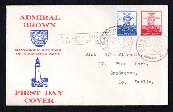 1957 Ireland Centenary of the Death of Admiral William Brown (Founder of Argentine Navy) Commemorative Stamps Illustrated First Day Cover (FDC) with Dun Laoghaire cancel