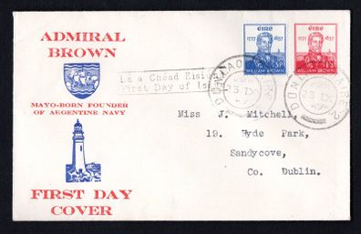 1957 Ireland Centenary of the Death of Admiral William Brown (Founder of Argentine Navy) Commemorative Stamps Illustrated First Day Cover (FDC) with Dun Laoghaire cancel