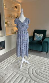 Ladies Blue & White Floral Dress with Flutter Sleeves from Encuentro
