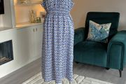 Ladies Blue &amp; White Floral Dress with Flutter Sleeves from Encuentro