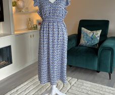 Ladies Blue & White Floral Dress with Flutter Sleeves from Encuentro