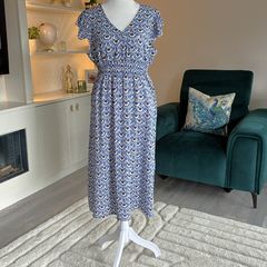 Ladies Blue & White Floral Dress with Flutter Sleeves from Encuentro