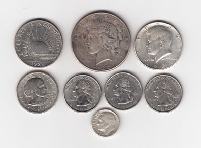 U.S.A 1922 Peace Dollar 90% silver coin, 1964 Kennedy,1956 Dime, 1986 immigrants 1/2 dollar, & 4 other USA coins (no 465)