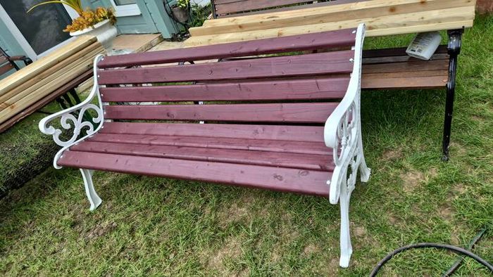 Garden Bench Cast iron fully restored seat outside outdoor garden sitting treated timber decorations, furniture patio  decking, home house cottage ignore flowers pots plants, garden statue chair  swing patio heater bbq hammock sun  farm shop gift