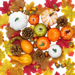 114 Pcs Artificial Pumpkins Autumn Decorations Set, Mini Pumpkins, Pine Cones, Acorns, Fake Leaves for Halloween, Thanksgiving, Fall Decorations