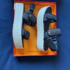 RRP 385 EUR Tory Burch espadrille sandals in black raffia velcro strap and raffia