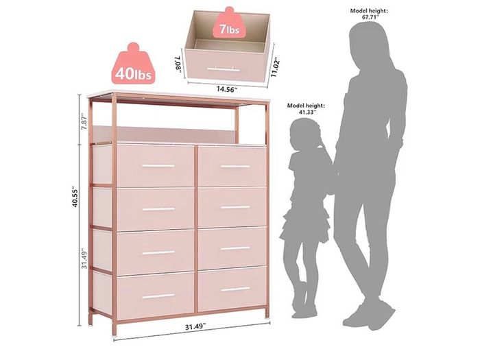 Dresser for Bedroom with 8 Fabric Drawers, Tall Storage Organizer Unit with 2 Layers Shelf, TV Stand with Sturdy Metal Frame (Pink)
