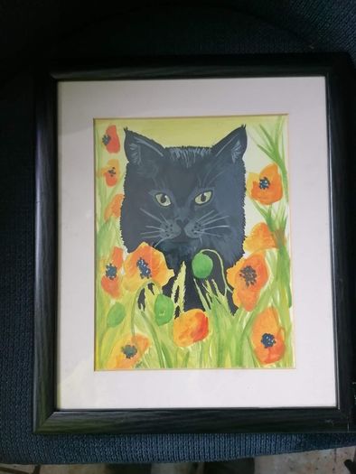 Poppy Field Feline Original Watercolour Painting