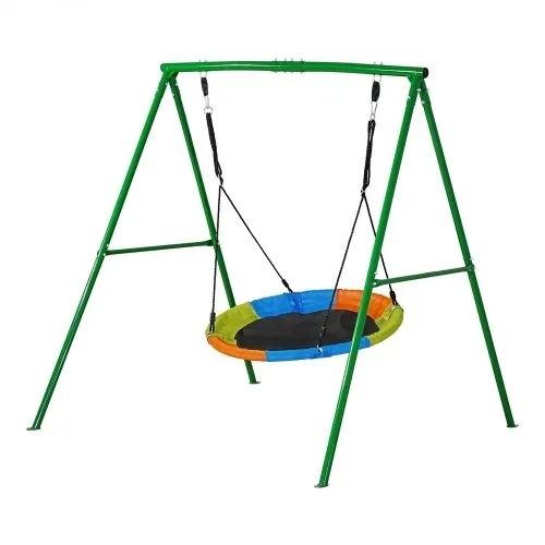 Swing Set for Backyard, 100 cm Saucer Swing Seat with Heavy Duty A-Frame Metal Stand, 199.6 kg Load Capacity, Reinforced with Spiral Ground Anchors, Swingset Outdoor for Kids, Green and Colorful