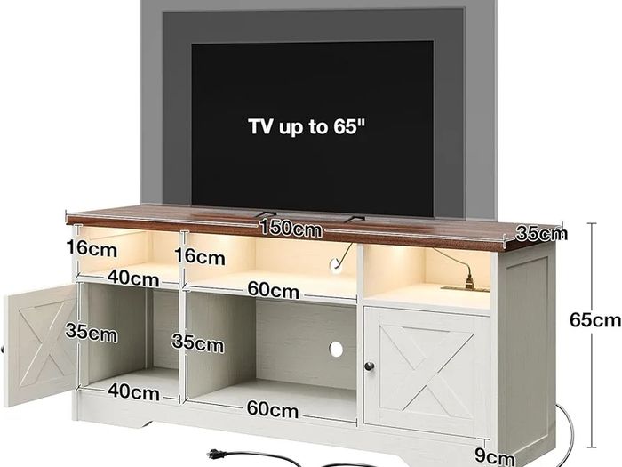 TV Unit, TV Stand Cabinet with Sockets, USB and LED, TV Cabinet Suitable for up to 65'' TV, with 4 Open Compartments and 2 Cabinets, Suitable for Living Room, 150 x 35 x 65cm, White