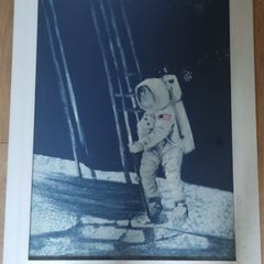 Vintage Very Large Framed Astronaut Moonwalk Print Conquest of Space