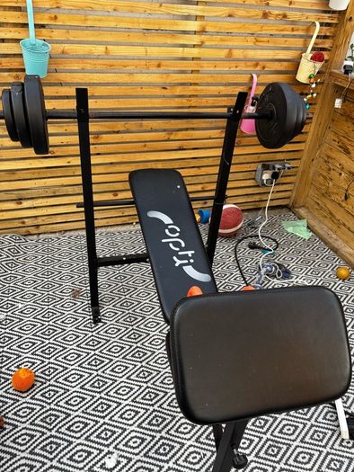 Weight bench and weights.