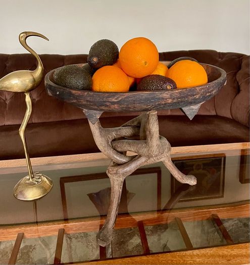 Unique Vintage Wooden African Tribal Art Decor Hand made bowl on Tripod folding Stand