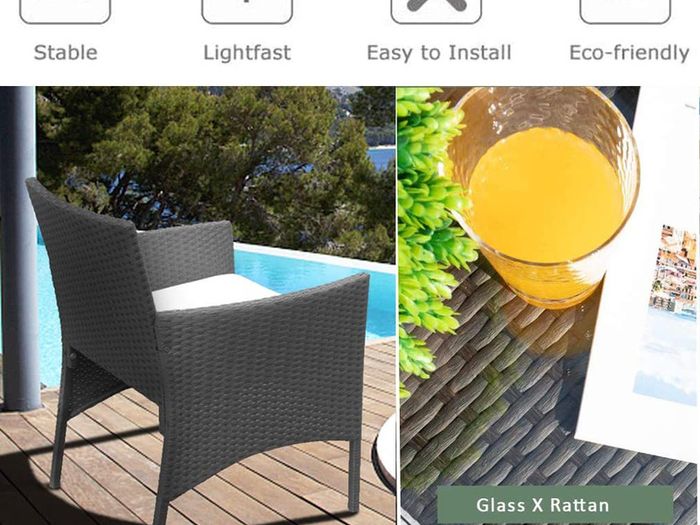 _Garden Lounge Set, Balcony Furniture Set for 4 People, 7 Pieces, with Table, Seat Cushion, Washable, Plastic, Flat Rattan Look, for Balcony or Patio