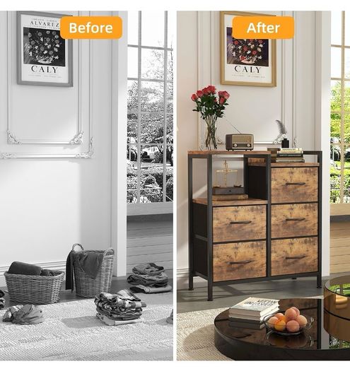 Chest of Drawers Bedroom with 5 Drawers, Tall Dresser with Shelf, Fabric Dresser for Entryway Hallway Living Room, Closet Storage Drawer, Rustic Brown