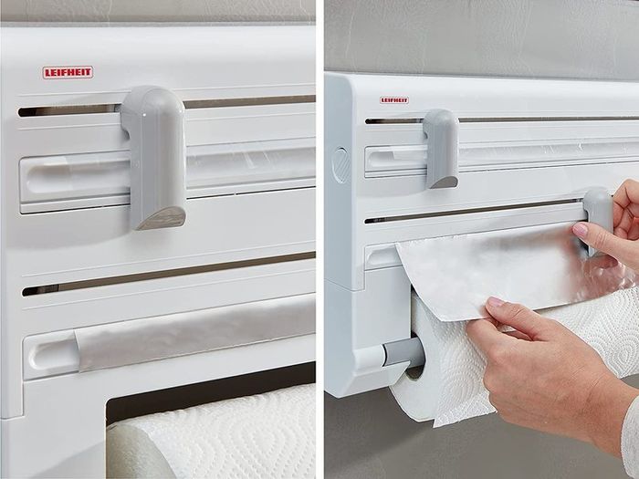 Kitchen Roll Dispenser, Wall-Mounted Film, Foil and Paper Holder, Easy-Install Cling Film Dispenser and Cutter, White, 38 x 26 x 7 cm