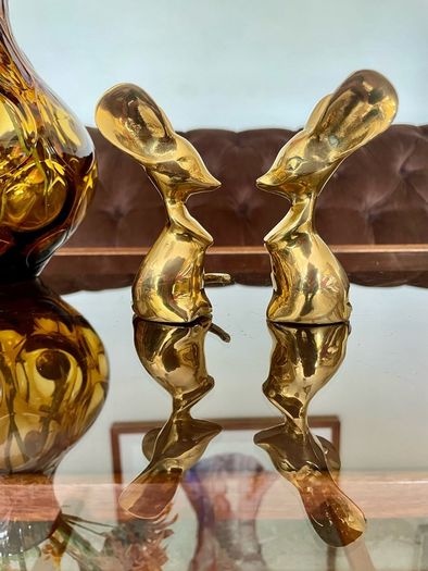 Two Vintage Stylised Big Eared Brass Mouse Figurines Brass Mice Ornaments 1970s