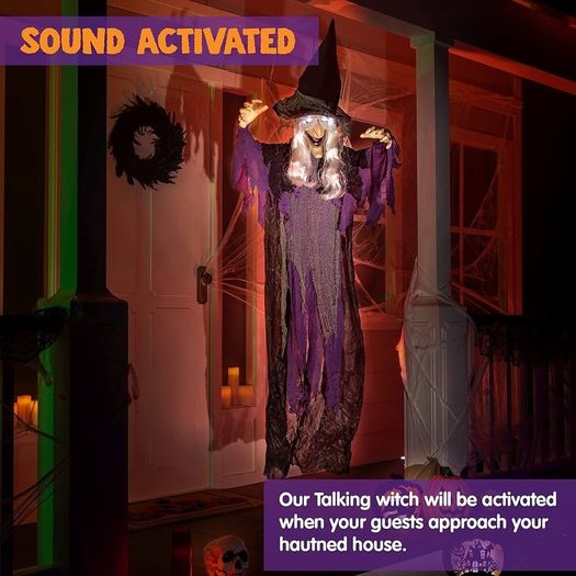 182.9 cm Hanging Animated Talking Witch Decoration (Blue) with Luminous Eyes and Sound Activation Function for Halloween Haunted House Props Decor, Halloween Hanging Decorations, Outdoor Indoor