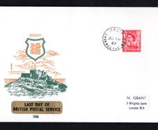 1969 Jersey Illustrated Cover Commemorating Last day of British Postal Service (before postal independence) tying 4d Wildings definitive stamp on 30th September 1969.