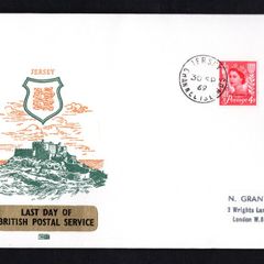 1969 Jersey Illustrated Cover Commemorating Last day of British Postal Service (before postal independence) tying 4d Wildings definitive stamp on 30th September 1969.