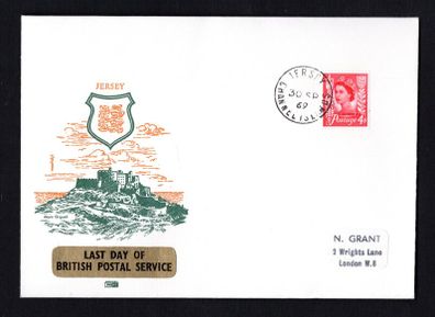 1969 Jersey Illustrated Cover Commemorating Last day of British Postal Service (before postal independence) tying 4d Wildings definitive stamp on 30th September 1969.