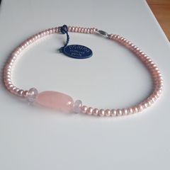 Noriko cultured pearl & rose quartz necklace with sterling silver clasp