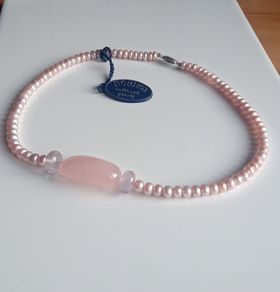 Noriko cultured pearl & rose quartz necklace with sterling silver clasp