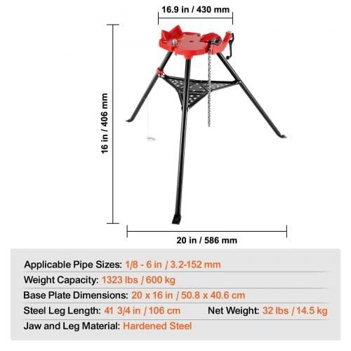 Chain Vise with Tripod Stand | 3.2 to 152 mm Pipe Capacity | 600 kg Loading Capacity | Portable Stand with Folding Legs and Tool Tray | Ideal for Plumbing and Pipe Work
