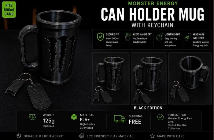 Monster Energy Can Holder Mug with Keychain | Gamer Desk Accessory