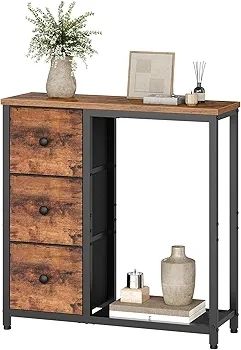 Slim Console Table, Sofa Table with 3 Fabric Drawers, Hallway Table with 2-Tier Storage Shelf, Industrial Storage Table, for Entryway, Living Room, Corridor, Rustic Brown and Black