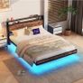 Floating Bed Frame King Size with Charging Station and LED Lights, Wood Headboard with Storage Shelves Image 3