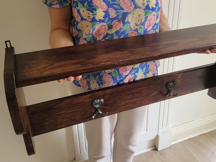Antique Oak Wall Shelf with Brass Hooks Irish Made