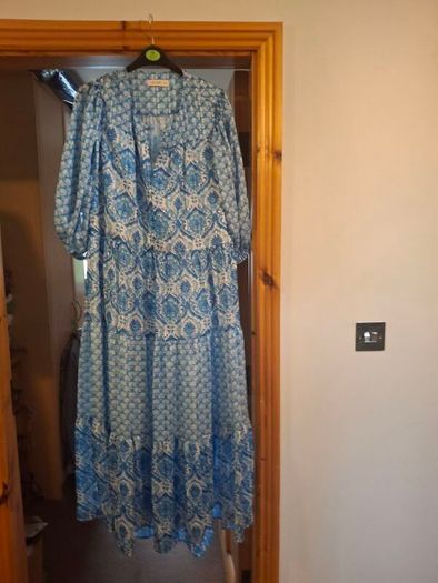 summer dress in blue and white. Wide fit . Easy crease free material.  Great for packing