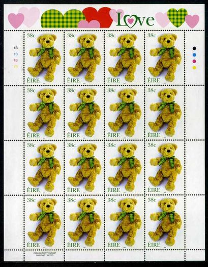 2002 Ireland Greetings (Teddy Bear) Commemorative Stamp Sheetlet Plate 1B1B1B1B Mint Never Hinged (MNH)