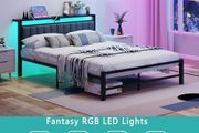 King Size Bed Frame with Storage Headboard, 5ft Upholstered Bed Frame Kingsize with Charging Station and LED Lights/Under Bed Storage