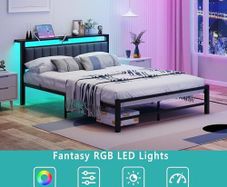 King Size Bed Frame with Storage Headboard, 5ft Upholstered Bed Frame Kingsize with Charging Station and LED Lights/Under Bed Storage