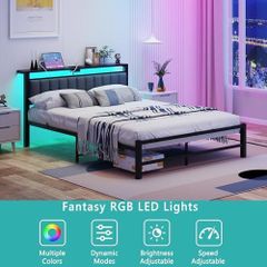 King Size Bed Frame with Storage Headboard, 5ft Upholstered Bed Frame Kingsize with Charging Station and LED Lights/Under Bed Storage