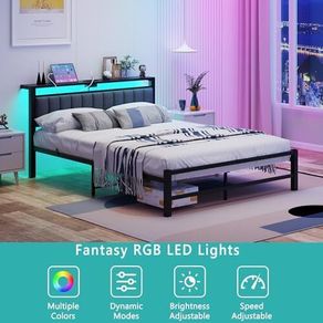 King Size Bed Frame with Storage Headboard, 5ft Upholstered Bed Frame Kingsize with Charging Station and LED Lights/Under Bed Storage