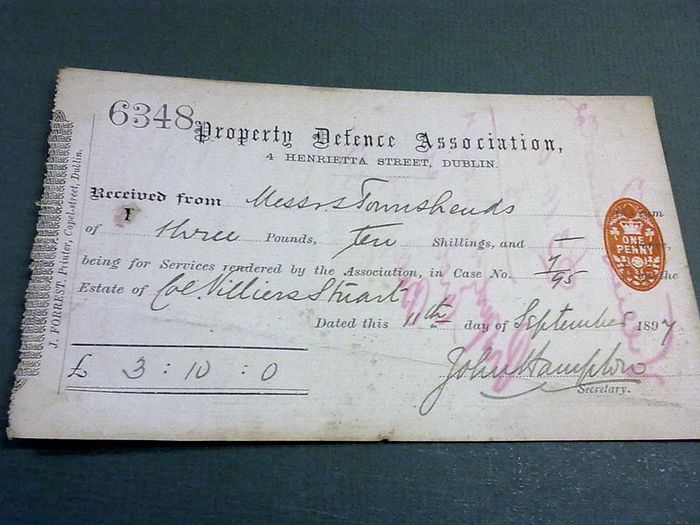 Rare receipt Property Defence Association Dublin 1897 ephemera