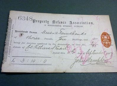 Rare receipt Property Defence Association Dublin 1897 ephemera