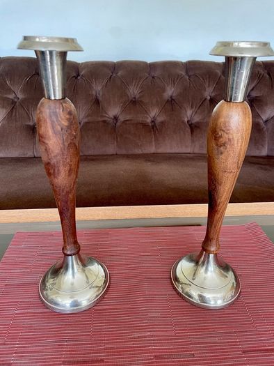 Vintage Tall Pair of Silver Metal and Wooden Candlestick Holders