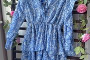 dress Zara blue &amp; white long sleeve frilled detail playsuit medium